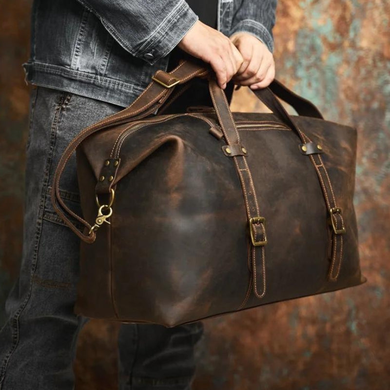 Grand Sac De Voyage En Cuir Fauve - Fermoir à Chiffres - 2 Poches Intérieures
