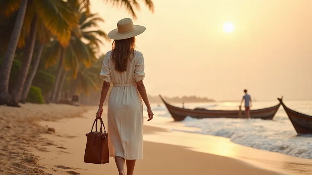 Voyageuse élégante contemplant l'aube sur une plage balinaise tranquille, tenant un sac à main de voyage en cuir cognac structuré, palmiers et bateaux de pêcheurs traditionnels à l'arrière-plan