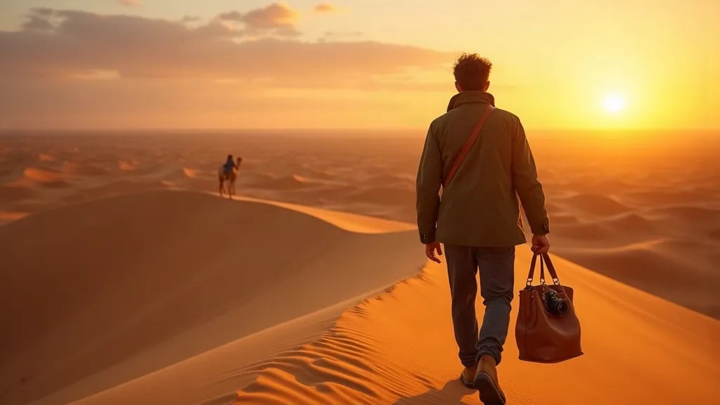 Voyageur traversant les dunes du Sahara au coucher du soleil avec un sac à main de voyage en cuir cognac structuré, incarnant l'alliance du style et de la praticité