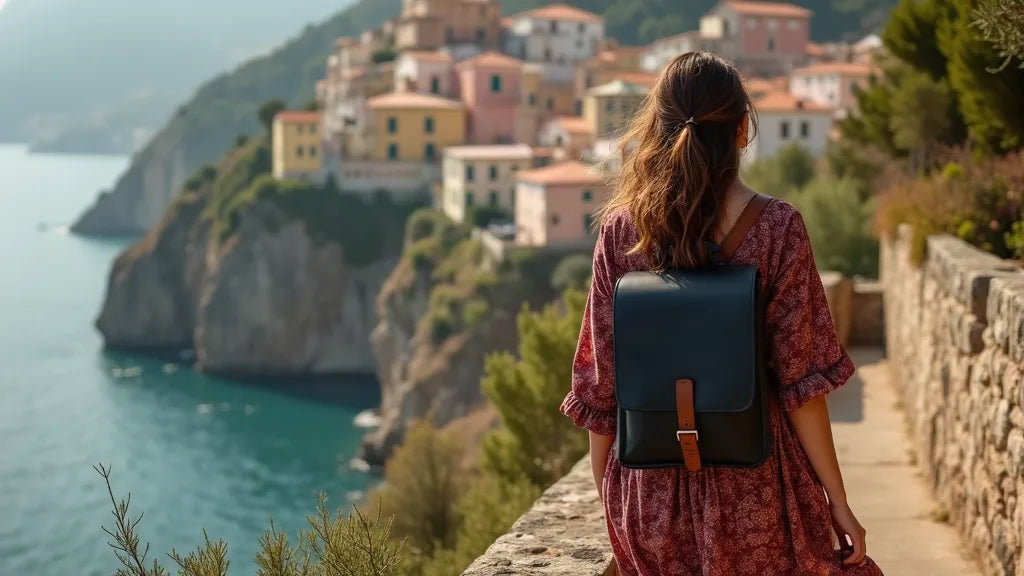 Voyageuse vue de dos marchant sur le sentier côtier des Cinque Terre avec sac à dos en cuir noir, village de Vernazza et mer Ligure en arrière-plan