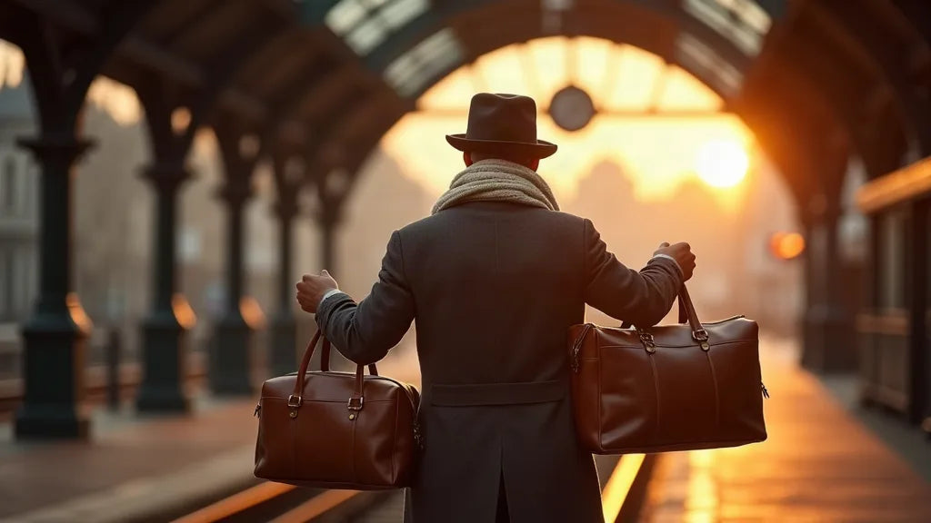 Voyageur élégant comparant deux sacs de voyage en cuir de tailles différentes sur un quai de gare européenne à l'heure dorée