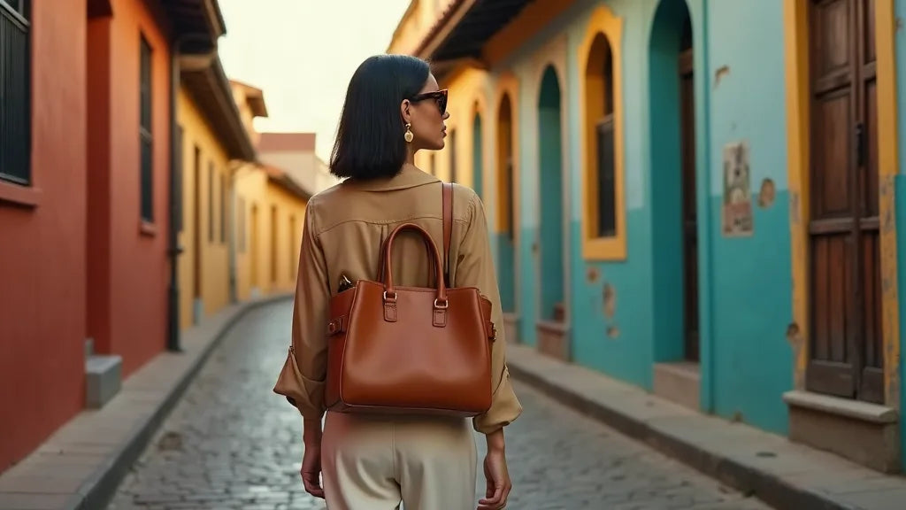 Femme élégante marchant dans le quartier coloré de La Boca à Buenos Aires avec un sac à main en cuir cognac, illustrant le choix du cuir comme matière durable pour les voyages