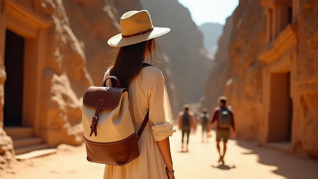 Femme élégante de dos portant un sac à dos en toile beige et cuir à l'entrée du canyon du Siq menant à Pétra en Jordanie, lumière dorée d'après-midi