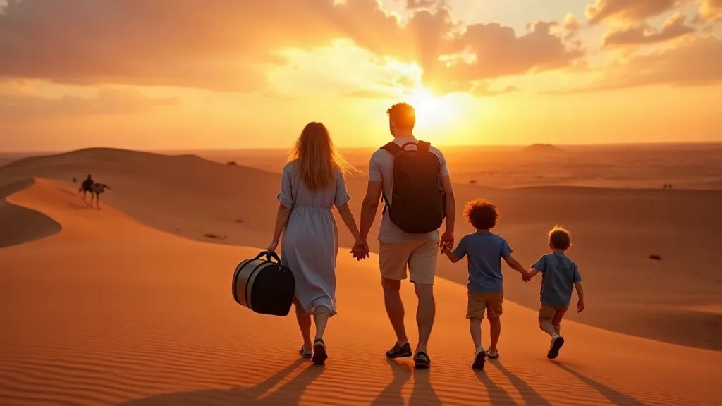 Famille traversant les dunes du Sahara au coucher du soleil avec un sac polochon en cuir noir, illustrant l'incertitude de l'enregistrement du bagage cabine