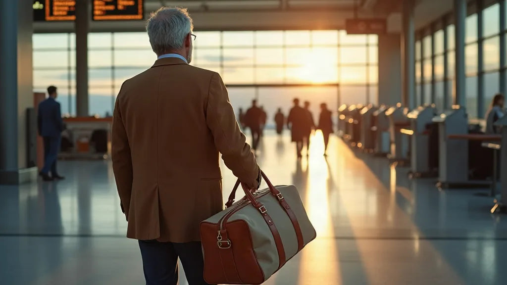 Voyageur testant son sac de voyage cabine dans le gabarit métallique à l'aéroport au petit matin pour éviter les mauvaises surprises à l'embarquement