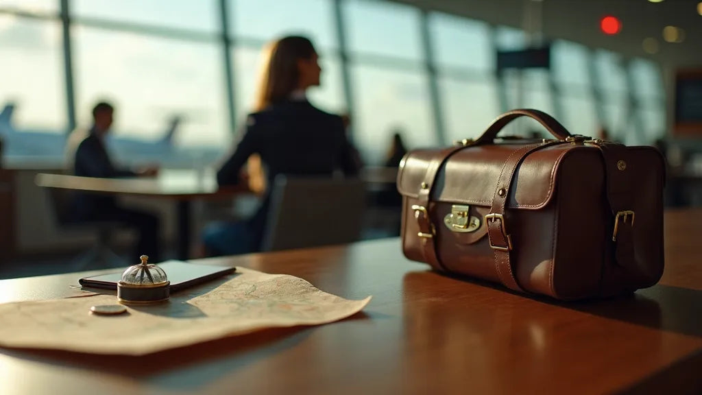 Voyageuse élégante dans un terminal d'aéroport moderne, ambiance haut de gamme et professionnelle